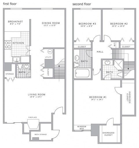 A floor plan of a two-story apartment with dimensions and room names.